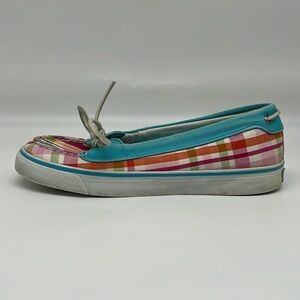 Sperry Women's TopSider Rainbow Plaid Water Turquoise Blue Canvas Boat‎ shoe 6.5